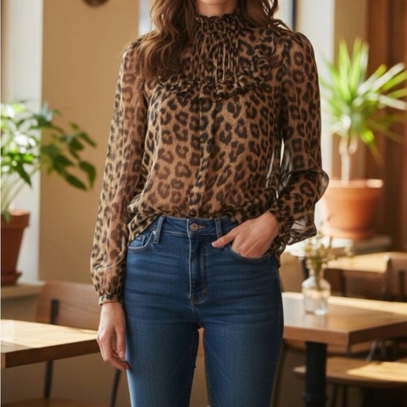 ba&sh Animal Print leopard ruffle mock neck blouse 1 - Picture 2 of 9